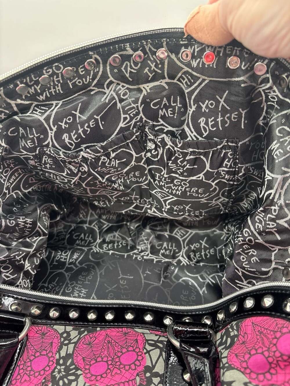 Betsey Johnson Pink Lace Sugar Skull Studded Weekender Bag - Picture 6 of 8